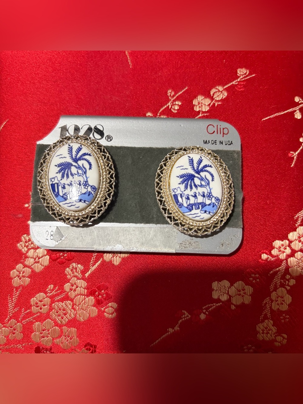 1928 Vintage Blue and White Porcelain Clip Earrings with Gold Filigree